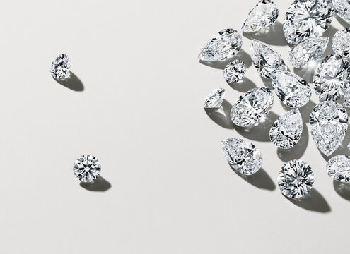 Collection of various cut faceted clear sparkling diamonds scattered on light gray background representing luxury fine jewelry and precious natural gems