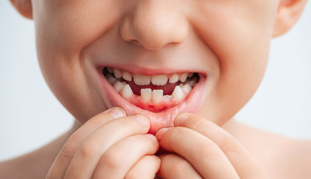Close-up of a child's mouth with missing primary teeth during natural dental development. Concept of tooth loss, permanent teeth growth and children's oral health