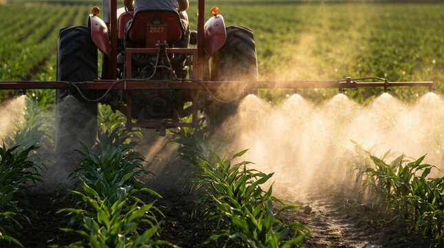 Red tractor spraying corn field from behind at sunset, capturing agricultural growth and hard work for agribusiness marketing and crop protection service design.