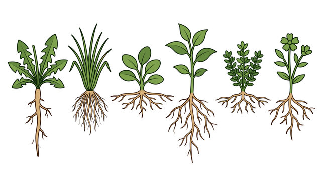 Botanical vector illustration set showing diverse plant species with visible root systems and green leaves for biology education and gardening diagrams on a clean white background.