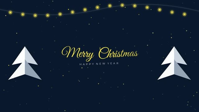 Merry Christmas and Happy New Year seamless pattern with paper trees and glowing golden fairy lights