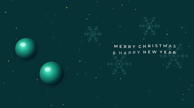 Merry Christmas and Happy New Year luxury banner with teal baubles and delicate golden snowflake patterns