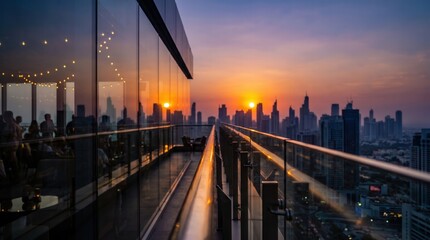 Obraz premium Modern rooftop terrace with glass railing overlooking city skyline at sunset, capturing urban luxury lifestyle and golden hour ambiance for travel promotion and real estate marketing.