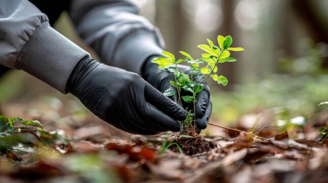 Person wearing gloves planting a green sapling in the soil nature forest