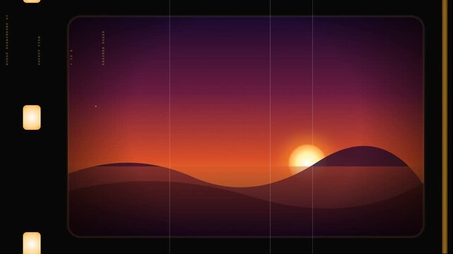 Minimalist animated vector landscape sunset over rolling hills framed within a vintage 35mm film overlay, featuring retro film grain, scratch effects, warm gradient aesthetic, and serene mood.