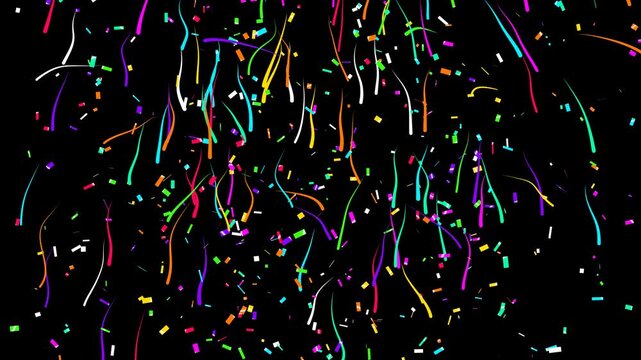 Vibrant colorful confetti and party streamers explosion shooting up and gently falling against a dark black background, ideal for festive celebrations, new year, birthday, and party events.