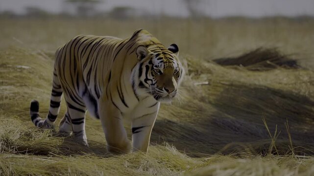 Slow motion footage of a tiger stalking prey through tall grass in hunting mode with tense atmosphere