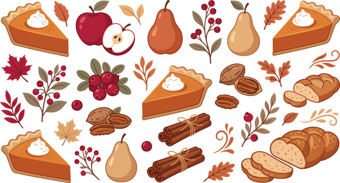 Thanksgiving vector collection with pumpkin pie slices, autumn leaves, apples, pears, and pecans food apple pear nuts dessert fruit pecan