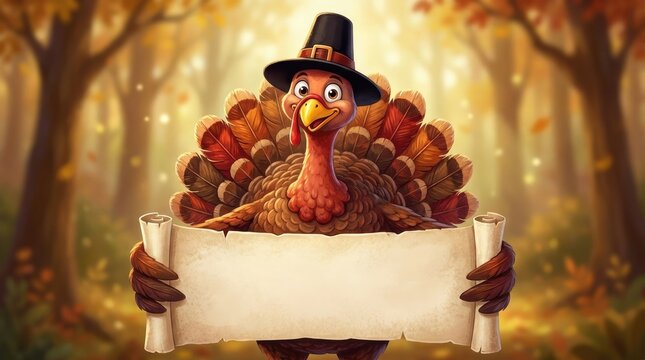 A cartoon turkey wearing a pilgrim hat holding a blank parchment scroll in a beautiful golden autumn forest background