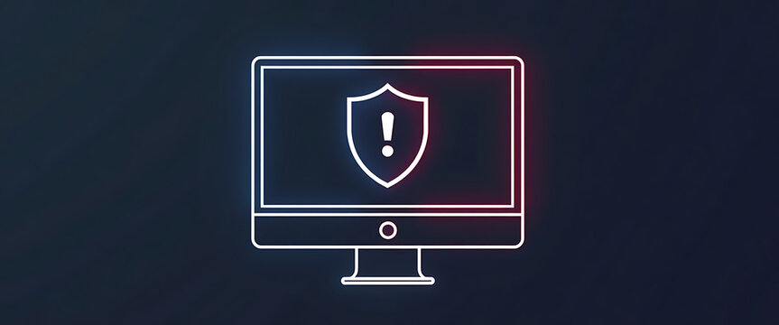 Outline of computer monitor with shield and exclamation mark icon cybersecurity alert white line art.