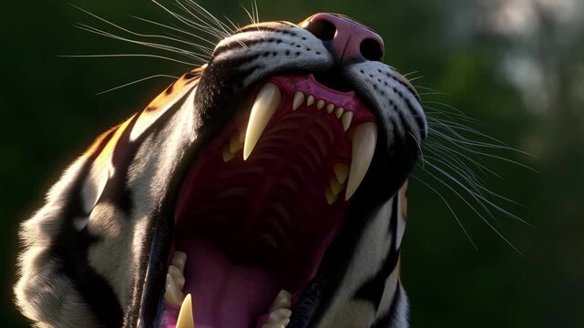 Slow motion close up of a tiger yawning widely showing massive teeth in detailed shot with natural lighting