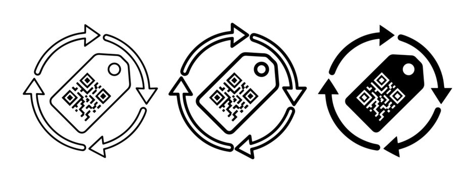 QR code tag with circular arrows silhouette icons set, commerce and technology concepts