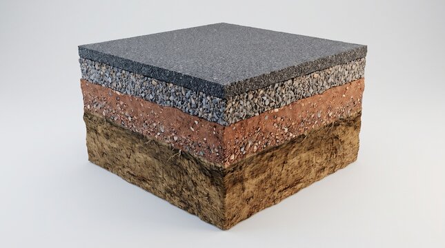 Asphalt pavement cutaway showing engineered road layers