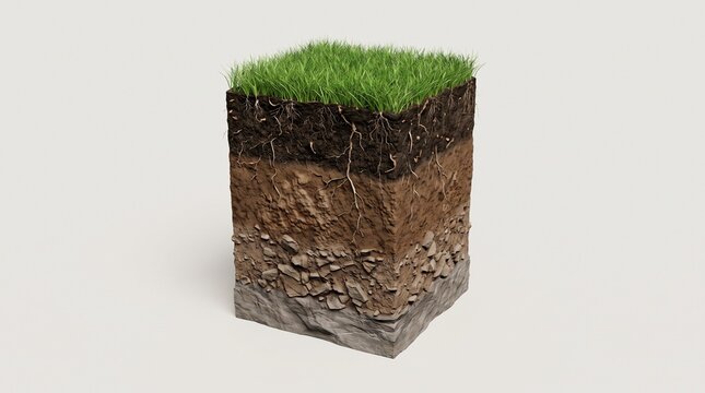 Educational soil profile cutaway with grass and earth layers