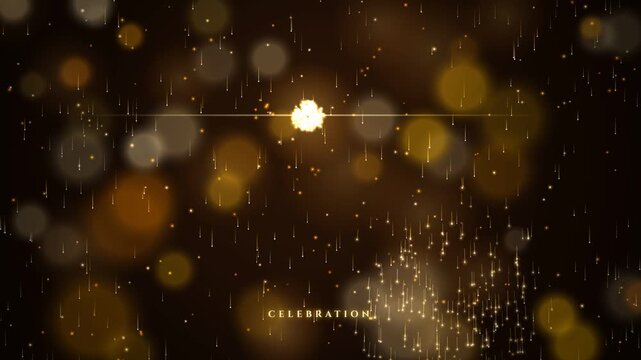 Elegant golden fireworks exploding with falling glowing particle rain, luxury bokeh background, animated gold sparks and Celebration text for festive events, New Year, awards ceremony.