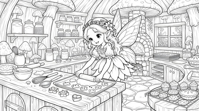 Black and white coloring page, detailed adult coloring book, clean line art, no shading, maintaining the same character appearance, art style, and line work as the reference image: a little fairy baki