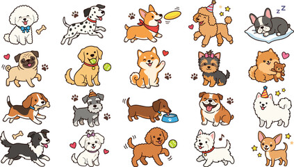 Obraz premium Cute dog illustration collection featuring playful puppies, different breeds, pets, hearts, bones, toys, treats, and charming activities