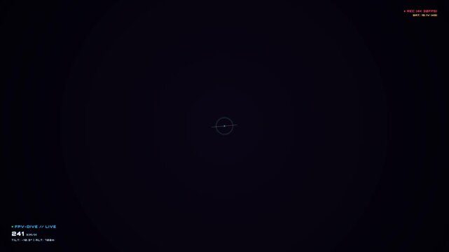 Futuristic sci-fi HUD display of high-speed FPV drone dive at night, featuring telemetry data, speed tracker in km/h, altitude sensor, reticle, and fast-moving light streaks in dark background
