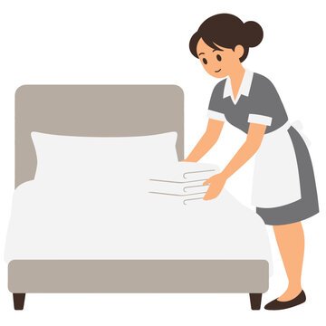 Hotel maid making bed with clean white linens vector