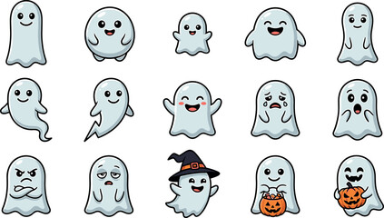 Fototapeta premium Cute Halloween ghost vector emoji sticker collection with funny white phantoms witch hat and pumpkin lanterns