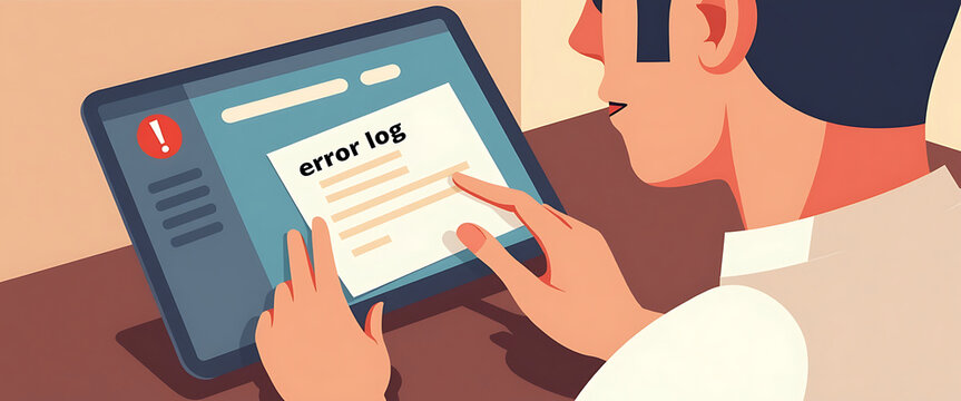 Person reviewing error log document on tablet with warning icon.