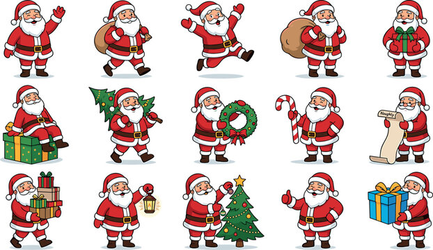 Cute Santa Claus cartoon character vector mega set featuring festive holiday poses with christmas trees gifts sacks and naughty list scroll