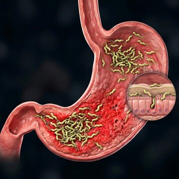 Stomach with Helicobacter Pylori Colonization: stomach lining with numerous small, spiral-shaped H. Pylori bacteria densely colonized on the surface mucosa, causing irritation