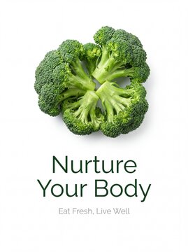Healthy Eating Concept Poster with Fresh Broccoli Florets and Nurture Your Body Text on White Background