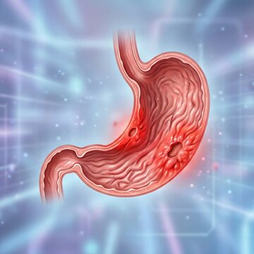 a human stomach with a clear, localized ulcer crater on the lesser curvature, surrounded by inflamed tissue. The stomach is depicted with realistic internal folds (rugae), vibrant red inflammation, an