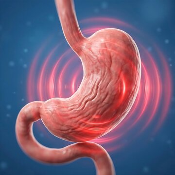 stomach experiencing severe functional dyspepsia. The stomach appears normal in structure but has subtle, pulsing red waves emanating from its core, symbolizing internal discomfort, bloating, and pain