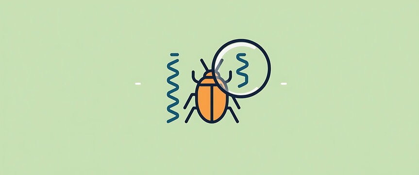 Orange beetle under magnifying glass with wavy lines for science research and analysis.