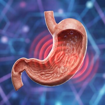 stomach experiencing severe functional dyspepsia. The stomach appears normal in structure but has subtle, pulsing red waves emanating from its core, symbolizing internal discomfort, bloating, and pain