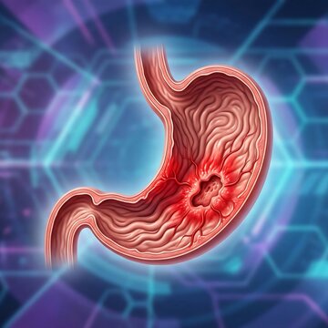 a human stomach with a clear, localized ulcer crater on the lesser curvature, surrounded by inflamed tissue. The stomach is depicted with realistic internal folds (rugae), vibrant red inflammation, an