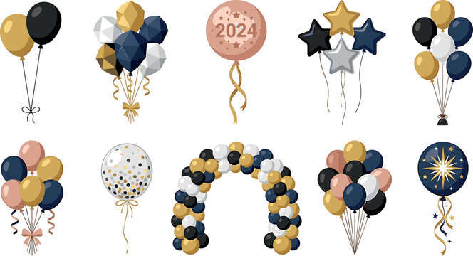 Festive balloon vector illustration set featuring elegant gold black and navy blue party decorations bouquets and balloon arch garland