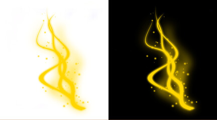 Glowing golden light trails with magic sparkles, ethereal yellow energy swirls on black and white backgrounds, mystical fire smoke effect © MstNadira
