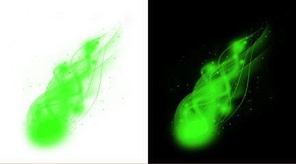 Glowing green fireball with magic smoke trail, ethereal neon energy burst on black and white backgrounds, mystical spirit flame effect © MstNadira