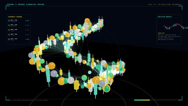 Neural financial engine interface with 3D candlestick charts rotating on HUD screen. Futuristic algorithmic crypto trading dashboard displaying currency streams and market data analytics.