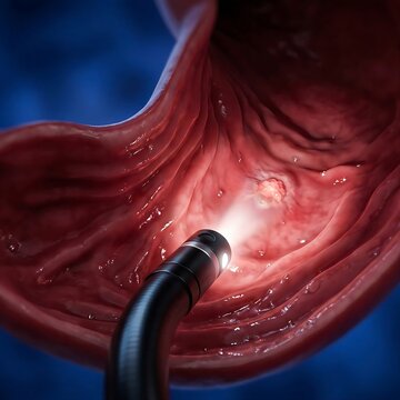 stomach undergoing an endoscopic procedure. A stylized endoscope tip is shown within the stomach lumen, with a small, focused light illuminating a specific area of interest , implying advanced visua