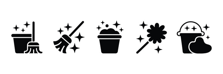 floor mop icon set with bucket for cleaning service housekeeping and home care © LEECOO STUDIO