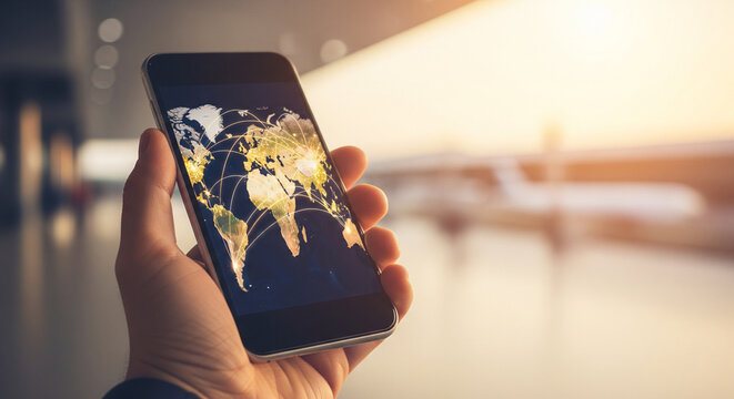 Hand holding smartphone with global network connection map in airport terminal