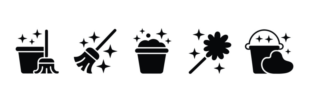 floor mop icon set with bucket for cleaning service housekeeping and home care