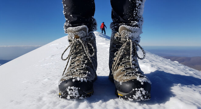 Frosted hiking boots on a snowy mountain summit with a climber in the background
