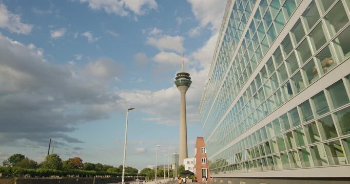 Germany Rheinturm Dusseldorf cityscape with urban architecture tourist attractions and European travel destination scenery