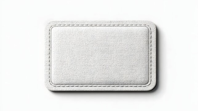Blank white textile patch with stitched border isolated on white background. Customizable fabric label for fashion branding and product design mockups.