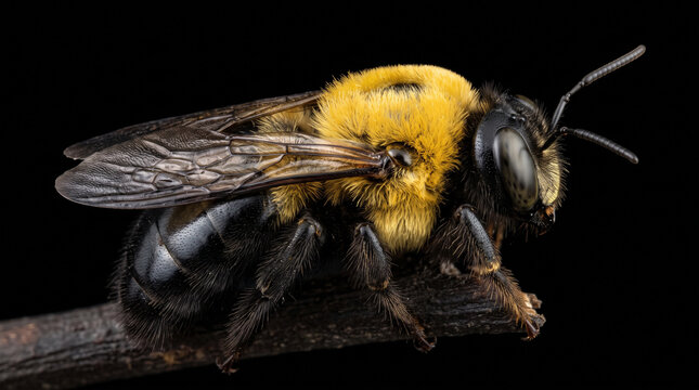 A detailed close up of a fuzzy carpenter bee resting on a thin dark twig with dark wooden branch black fur resting macro photography view carpenter yellow black