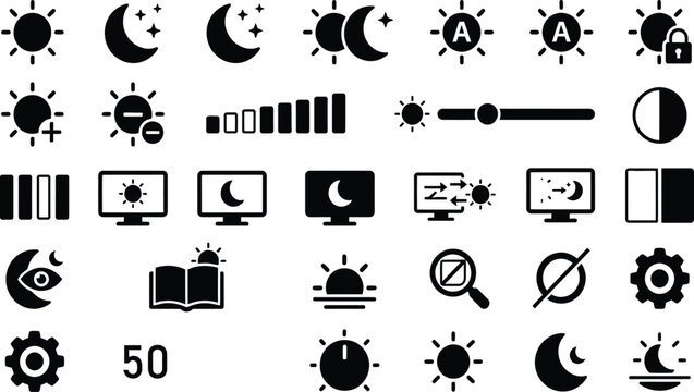 ay and night mode icon set featuring screen brightness, contrast control, dark and light theme symbols for user interface and application design..