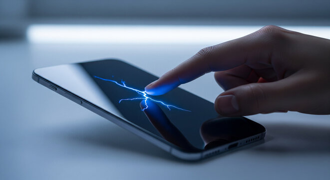 Human finger touching smartphone screen with blue electric discharge effect