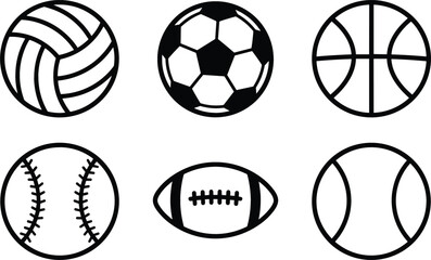 Athletic sports balls outline icon set representing championship competition team game tournaments equipment recreation and active fitness play © Bappi