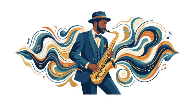 Jazz Musician Playing Saxophone with Abstract Musical Flow
