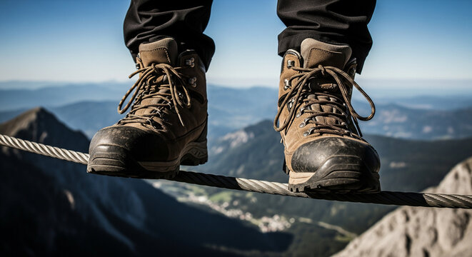 Hiking boots balancing on a high wire cable over a mountain landscape